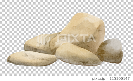 Natural Rocks Watercolor Illustration in Earth Tones. Hand Drawn art Stones for Landscaping and Nature Scenes. Drawing of pebbles for design in nautical style. Sketch of geology minerals. 115300147