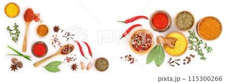 mix of spices in wooden spoon isolated on a white background with copy space for your text. Top view. Flat lay. Set or collection 115300266