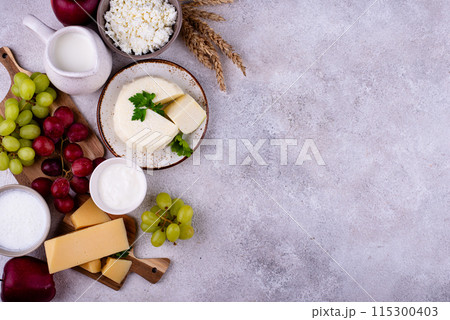 Judaic holiday Shavuot concept. Tzfat cheese and dairy products Judaic holiday Shavuot concept. Tzfat cheese and dairy products 115300403