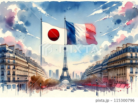 パリの空に日の丸とトリコロール_水彩 115300796