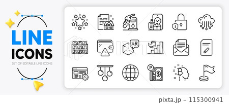 Globe, Parking payment and Augmented reality line icons set for app include Edit document, Stars, Petrol station outline thin icon. Cloud storage, Boxes shelf, Growth chart pictogram icon. Vector 115300941