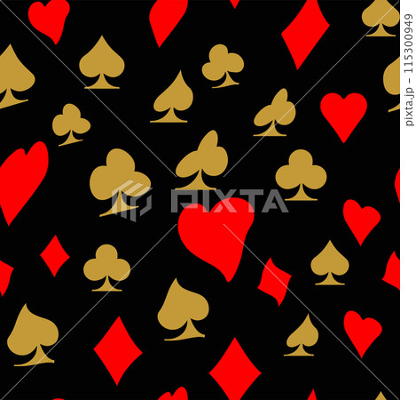 Red, black, golden suits of playing cards seamless pattern. Spades, crosses, diamonds, heart 115300949