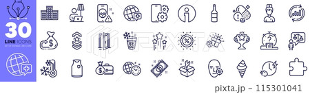 Open door, Charging time and Wine line icons pack. Phone service, Floor lamp, T-shirt web icon. Iodine mineral, Freezing, Puzzle pictogram. Victory, Cashback, Shoulder strap. Salary. Vector 115301041