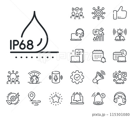 Water resistant ip68 sign. Place location, technology and smart speaker outline icons. Waterproof line icon. Drop protection symbol. Waterproof line sign. Influencer, brand ambassador icon. Vector 115301080