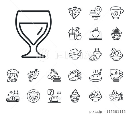 Alcohol drink sign. Crepe, sweet popcorn and salad outline icons. Wine glass line icon. Beverage symbol. Wine glass line sign. Pasta spaghetti, fresh juice icon. Supply chain. Vector 115301113
