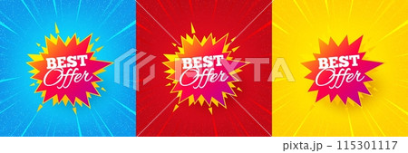 Best offer sticker. Sunburst offer banner, flyer or poster. Discount banner shape. Sale coupon bubble icon. Best offer promo event banner. Starburst pop art coupon. Special deal. Vector 115301117