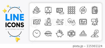 360 degree, Eye checklist and Skin care line icons set for app include Gps, Interview, People chatting outline thin icon. Time, Money change, Download photo pictogram icon. Vector 115301124