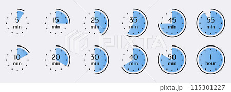 Visual representation of time intervals from 5 minutes to 1 hour. Timer, clock, stopwatch set icons 115301227