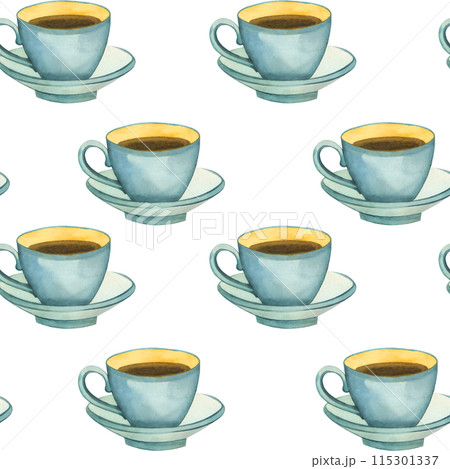 Seamless watercolor pattern. Cup of tea hand drawn in blue watercolor. Suitable for printing on fabric, paper, kitchen textiles, product packaging, scrapbooking. Watercolor illustration. Seamless watercolor pattern. Cup of tea hand drawn in blue watercolor. Suitable for printing on fabric, paper, kitchen textiles, product packaging, scrapbooking. Watercolor illustration. 115301337