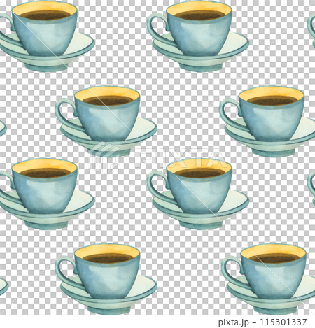 Seamless watercolor pattern. Cup of tea hand drawn in blue watercolor. Suitable for printing on fabric, paper, kitchen textiles, product packaging, scrapbooking. Watercolor illustration. Seamless watercolor pattern. Cup of tea hand drawn in blue watercolor. Suitable for printing on fabric, paper, kitchen textiles, product packaging, scrapbooking. Watercolor illustration. 115301337