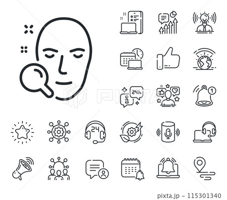 Head recognition sign. Place location, technology and smart speaker outline icons. Face search line icon. Face search line sign. Influencer, brand ambassador icon. Support, online offer. Vector Head recognition sign. Place location, technology and smart speaker outline icons. Face search line icon. Face search line sign. Influencer, brand ambassador icon. Support, online offer. Vector 115301340