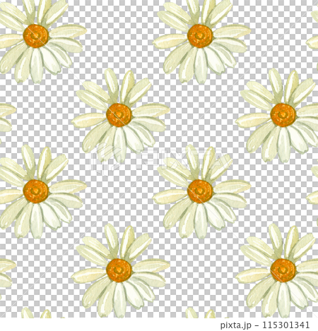 Seamless watercolor pattern. Daisy flower hand drawn in yellow and blue watercolors. Suitable for printing on fabric, paper, kitchen textiles, product packaging, scrapbooking. Watercolor illustration. 115301341