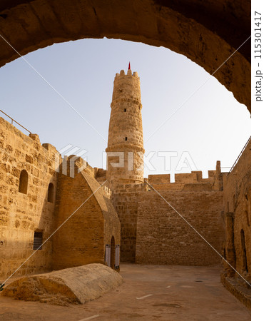 Ribat of Monastir, Islamic defensive structure, located in Monastir, Tunisia. Picturesque view from arch Ribat of Monastir, Islamic defensive structure, located in Monastir, Tunisia. Picturesque view from arch 115301417