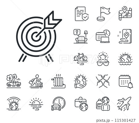Amusement park attraction sign. Plane jet, travel map and baggage claim outline icons. Archery line icon. Archery line sign. Car rental, taxi transport icon. Place location. Airport lounge. Vector 115301427