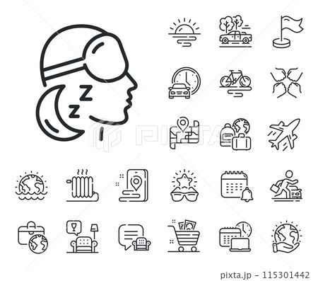 Sleeping goggles sign. Plane jet, travel map and baggage claim outline icons. Insomnia line icon. Night sleeplessness symbol. Insomnia line sign. Car rental, taxi transport icon. Vector 115301442
