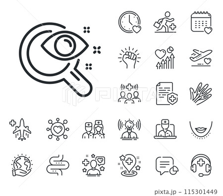 Eyesight check sign. Online doctor, patient and medicine outline icons. Vision test line icon. Oculist clinic symbol. Vision test line sign. Veins, nerves and cosmetic procedure icon. Vector 115301449