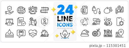 Icons set of Methodology, Information bell and Pre-order food line icons pack for app with Environment day, Blood donation, Map thin outline icon. Packing things, Security agency. Vector 115301451