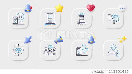 Lighthouse, Solar panel and Petrol station line icons. Buttons with 3d bell, chat speech, cursor. Pack of Push cart, Entrance, Parcel delivery icon. Vector 115301453