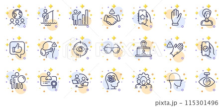 Outline set of Global business, Like and Financial app line icons for web app. Include Fisherman, Hand, Eyeglasses pictogram icons. Businesswoman person, Team work, Medical mask signs. Vector 115301496