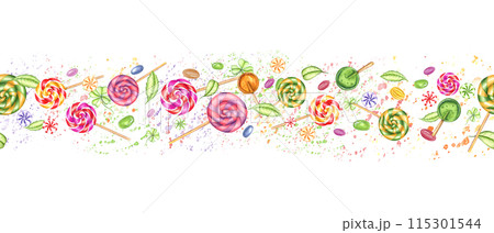 Colored candies with young green leaves flying up. Multicolored fruit and berry splashes. Spiral and round lollipops. Bonbons with striped swirls. Seamless banner. Watercolor illustration for package 115301544