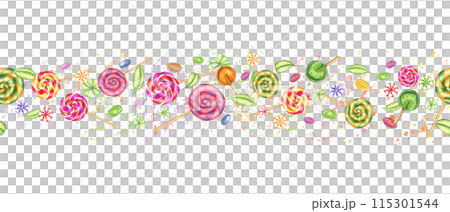 Colored candies with young green leaves flying up. Multicolored fruit and berry splashes. Spiral and round lollipops. Bonbons with striped swirls. Seamless banner. Watercolor illustration for package Colored candies with young green leaves flying up. Multicolored fruit and berry splashes. Spiral and round lollipops. Bonbons with striped swirls. Seamless banner. Watercolor illustration for package 115301544