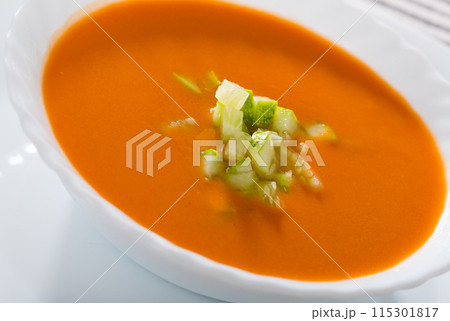 Andalusian fresh traditional cold soup gazpacho in bowl Andalusian fresh traditional cold soup gazpacho in bowl 115301817