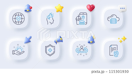 Recruitment, Sunny weather and Cloud server line icons. Buttons with 3d bell, chat speech, cursor. Pack of Fingerprint, Global insurance, Medical shield icon. Vector 115301930