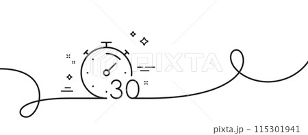 Timer 30 minutes line icon. Continuous one line with curl. Stopwatch time sign. Countdown clock symbol. Timer single outline ribbon. Loop curve pattern. Vector Timer 30 minutes line icon. Continuous one line with curl. Stopwatch time sign. Countdown clock symbol. Timer single outline ribbon. Loop curve pattern. Vector 115301941
