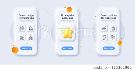 Baggage reclaim, Fragile package and Delivery service line icons pack. 3d phone mockups with star. Glass smartphone screen. Charging station, Car rental, Fuel price web icon. Vector 115301990