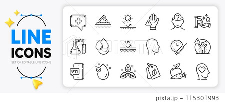 Oil drop, Bio tags and Dont touch line icons set for app include Chemistry lab, Apple carrot, Vitamin e outline thin icon. Emergency call, Mental health, Uv protection pictogram icon. Vector Oil drop, Bio tags and Dont touch line icons set for app include Chemistry lab, Apple carrot, Vitamin e outline thin icon. Emergency call, Mental health, Uv protection pictogram icon. Vector 115301993