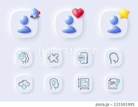 Signing document, Puzzle and Cloud download line icons. Placeholder with 3d bell, star, heart. Pack of Emergency call, Floor plan, Idea head icon. Head, Time management pictogram. Vector 115301995
