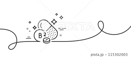 Vitamin B2 line icon. Continuous one line with curl. Riboflavin food nutrient sign. Capsule or pill supplement symbol. Riboflavin vitamin single outline ribbon. Loop curve pattern. Vector 115302003