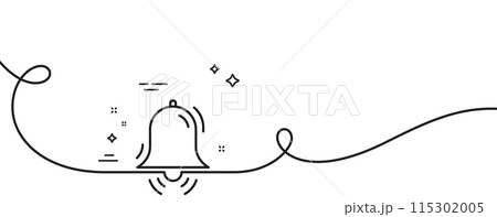 Clock bell line icon. Continuous one line with curl. Alarm sign. Clock bell single outline ribbon. Loop curve pattern. Vector 115302005