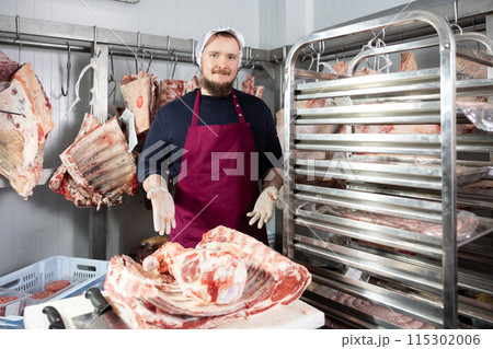 Male butcher shop butcher shows raw chopped carcasses and ribs Male butcher shop butcher shows raw chopped carcasses and ribs 115302006