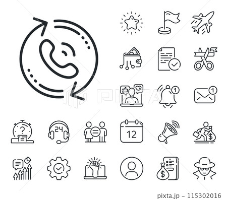Recall support sign. Salaryman, gender equality and alert bell outline icons. Call center service line icon. Feedback symbol. Call center line sign. Spy or profile placeholder icon. Vector 115302016