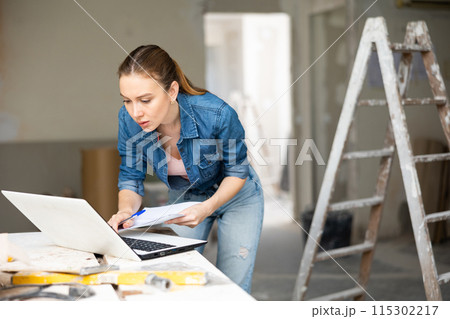Owner of cottage checks the completion of repair work using laptop 115302217