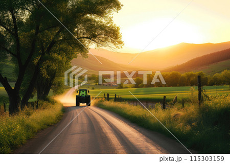 Golden Hour Journey: Tranquil Countryside with a Green Tractor Golden Hour Journey: Tranquil Countryside with a Green Tractor 115303159