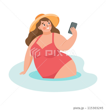 Summer holidays time. Happy woman taking a selfie with a smartphone. Beach vacation and relax. Concept illustration. Vector 115303245
