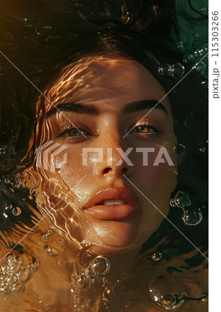 Sun-Kissed Elegance: Top View of a Woman's Wet Fashion Portrait Sun-Kissed Elegance: Top View of a Woman's Wet Fashion Portrait 115303266