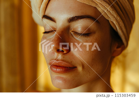 Golden Tranquility: Relaxed Face in Pale Yellow Hues 115303459