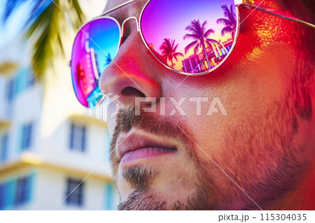 Neon Memories: Miami Art Deco Reflected in Sunglasses 115304035
