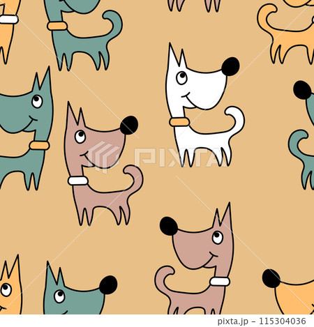 Vector seamless repeating childish pattern with cute dogs in Scandinavian style. Animals background with dog, pets, puppy for invitation, poster, card, flyer, textile, fabric 115304036