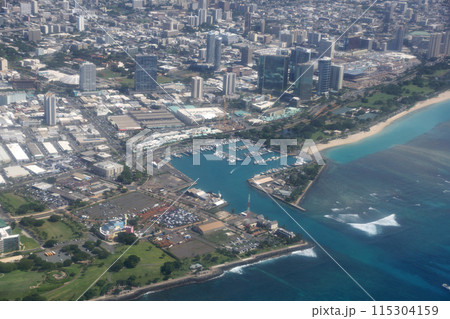 Aerial view of Kewalo Basin Harbor, Kakaako, Ala Moana Beach park in Honolulu Aerial view of Kewalo Basin Harbor, Kakaako, Ala Moana Beach park in Honolulu 115304159