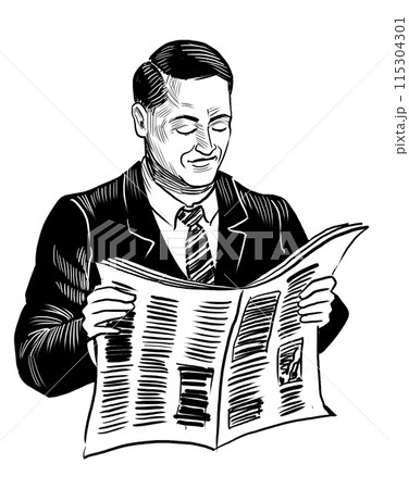 Businessman reading a newspaper. Hand drawn retro styled illustration 115304301