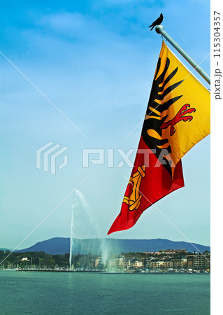 Flag of Geneva over Lake Geneva against the backdrop of the Jet Flag of Geneva over Lake Geneva against the backdrop of the Jet 115304357