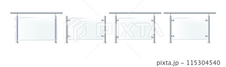 Glass or plexiglass fence with banisters. Architectural guardrail for balcony or office terrace. 115304540