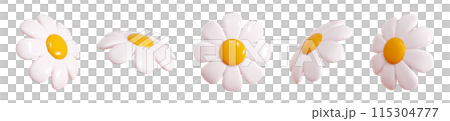 Daisy plastic flower flying in different angles of view cartoon icon 3d render illustration. Cute chamomile bubble bloom with white petals for spring and summer design. Abstract glossy balloon blossom 115304777
