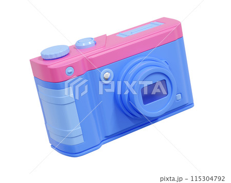 Photo camera icon 3d render illustration. Blue and pink pastel photography equipment with lens and buttons. hobby snapshot capture gadget for travel and tourism concept. Picture and video device. 115304792