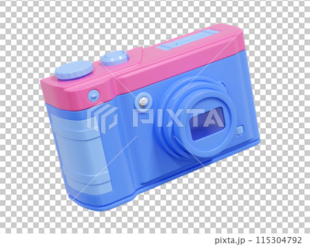 Photo camera icon 3d render illustration. Blue and pink pastel photography equipment with lens and buttons. hobby snapshot capture gadget for travel and tourism concept. Picture and video device. 115304792