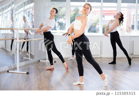 Group of slender women of different ages are learning various dance and ballet movements in studio Group of slender women of different ages are learning various dance and ballet movements in studio 115305315